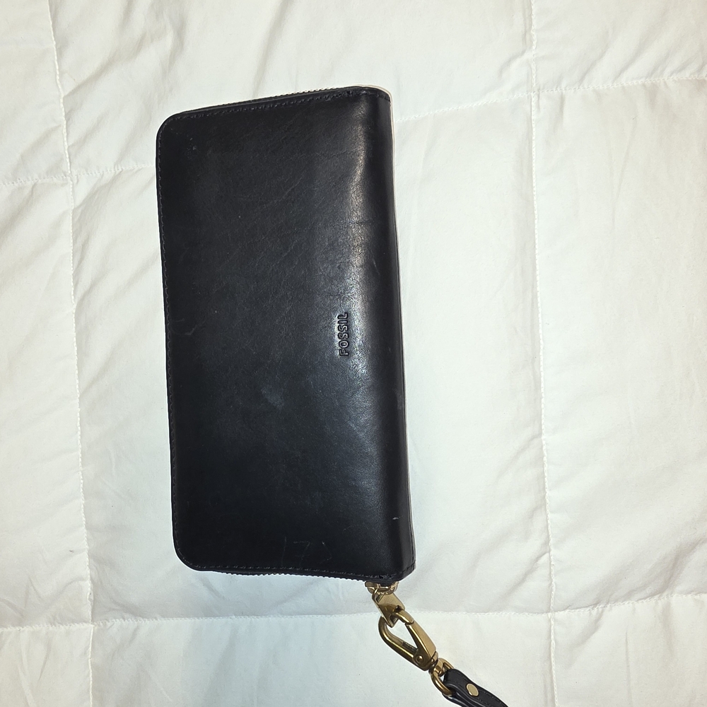 Fossil black leather zip-around clutch wallet
